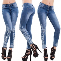 Fashion High Waist Embroidered Spliced Slim Fit Jeans