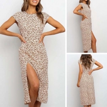 Sexy Slit Hem Short Sleeve Round Neck Printed Dress