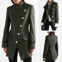 Fashion Long Sleeve Stand Collar Oblique Button Coat