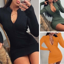 Fashion Solid Color Long Sleeve Round Neck Slim Fit Dress