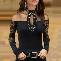 Sexy Off-shoulder Long Sleeve Rhinestone Spliced Halter T-shirt