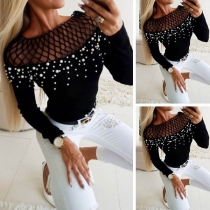 Sexy Hollow out Gauze Spliced Long Sleeve Beaded T-shirt