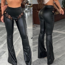 Fashion Lace-up Middle Waist PU Leather Flared Pants