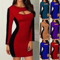 Sexy Contrast Color Long Sleeve Round Neck Slim Fit Hollow Out Dress