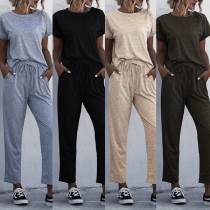 Fashion Solid Color Short Sleeve T-shirt + Pants Two-piece Set
