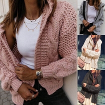 Fashion Solid Color Long Sleeve Hooded Knit Cardigan