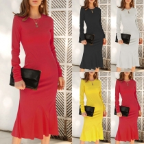 Elegant Solid Color Long Sleeve Round Neck Fishtail Hem Dress