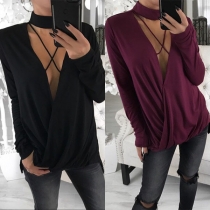 Sexy Deep V-neck Long Sleeve Solid Color Top