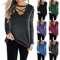 Sexy Deep V-neck Long Sleeve Solid Color Top