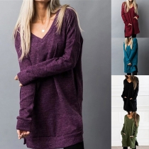 Fashion Solid Color Long Sleeve V-neck Slit Hem Loose T-shirt