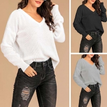 Fashion Solid Color Dolman Sleeve V-neck Loose Knit Top