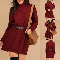 Fashion Solid Color Long Sleeve Mock Neck Slit Hem Sweater Dress