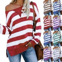 Fashion Long Sleeve Round Neck Slit Hem Striped T-shirt