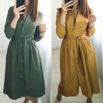 OL Style Long Sleeve Stand Collar Single-breasted Shirt Dress