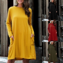 Fashion Solid Color Long Sleeve Round Neck Front-pocket Dress