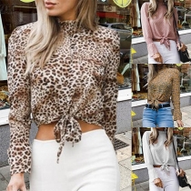 Sexy Long Sleeve Mock Neck Lace-up Hem Printed Crop Top