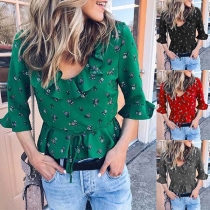 Sweet Style Half Sleeve Round Neck Ruffle Printed Top