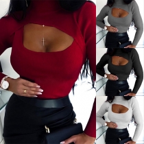 Sexy Hollow Out Long Sleeve High Collar Slim Fit Top