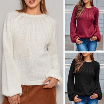 Fashion Solid Color Lantern Sleeve Round Neck Sweater