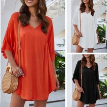 Fashion Solid Color Half Sleeve V-neck Loose Top