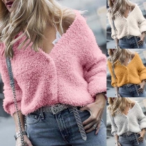 Fahsion Solid Color Long Sleeve V-neck Plush Cardigan