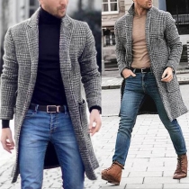 Retro Style Long Sleeve Notched Lapel Man's Plaid Woolen Coat
