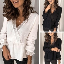 Sexy Lace Spliced V-neck Long Sleeve Solid Color Top