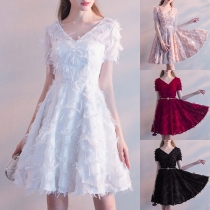 Elegant Solid Color Short Sleeve Waist Tassel Spliced Party Dress