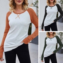 Fashion Contrast Color Long Sleeve Round Neck T-shirt