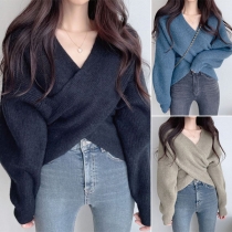 Sexy V-neck Irregular Hem Long Sleeve Solid Color Lace-up Sweater