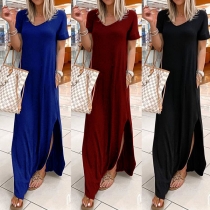 Fashion Solid Color Short Sleeve V-neck Slit Hem Maxi Dress