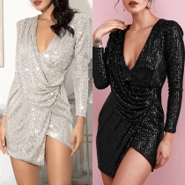 Sexy Deep V-neck Slit Hem Long Sleeve Slim Fit Sequin Dress