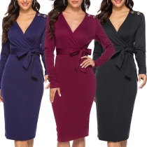 Sexy V-neck Long Sleeve Solid Color Slim Fit Dress