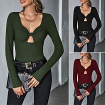 Simple Style Long Sleeve V-neck Solid Color T-shirt