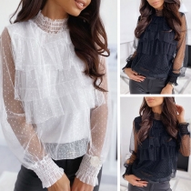 Sexy See-through Gauze Spliced Long Sleeve Stand Collar Dots Top