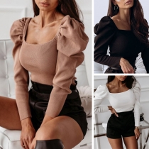 Fashion Solid Color Puff Sleeve Square Collar T-shirt