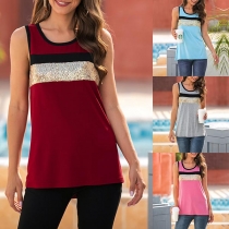 Fashion Contrast Color Round Neck Sequin Spliced Tank Top