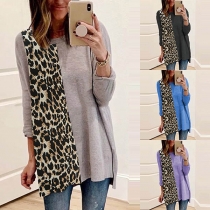 Fashion Leopard Spliced Long Sleeve High-low Hem Loose T-shirt