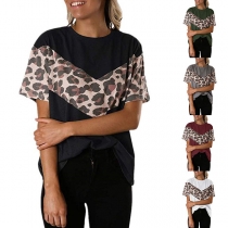 Fashion Leopard Spliced Short Sleeve Round Neck Loose T-shirt