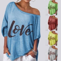 Fashion Letters Printed Dolman Sleeve Boat Neck Loose T-shirt
