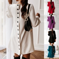 Fashion Solid Color Long Sleeve Round Neck Back-button Dress