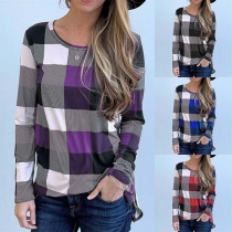 Fashion Long Sleeve Round Neck Plaid T-shirt