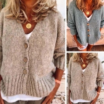 Fashion Solid Color Long Sleeve V-neck Loose Knit Cardigan