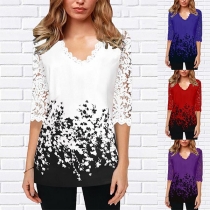 Fashion Lace Spliced Half Sleeve V-neck Printed Top