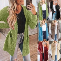 Fashion Solid Color Long Sleeve Front-pocket Knit Cardigan