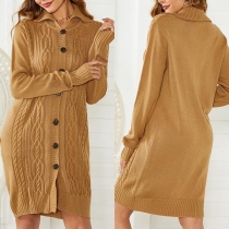 Fashion Solid Color Long Sleeve POLO Collar Single-breasted Knit Cardigan