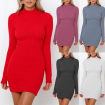 Sexy Backless Long Sleeve Mock Neck Solid Color Tight Dress