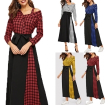 Sexy Off-shoulder Long Sleeve High Waist Plaid Spliced Dress