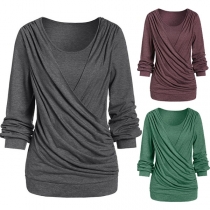 Fashion Solid Color Long Sleeve Round Neck Wrinkled T-shirt