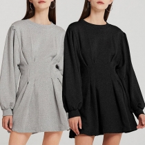 Fashion Solid Color Lantern Sleeve High Waist Dress